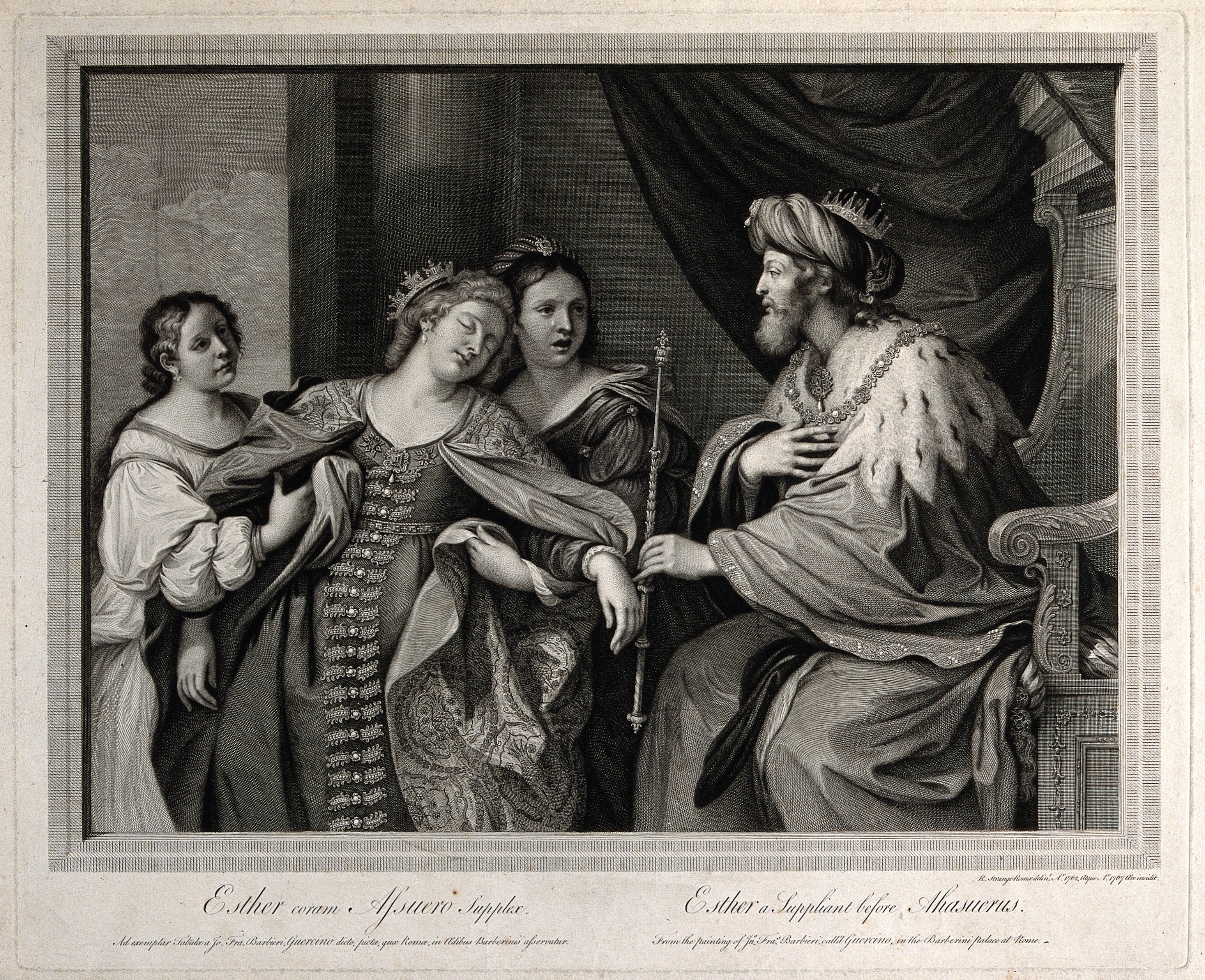 V0034399 Esther faints before King Ahasuerus. Engraving, 1767, after